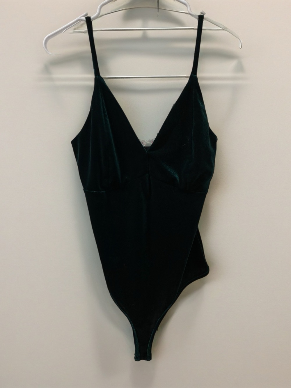 a'gaci Dark Green Velvet V-Neck Bodysuit with Spaghetti Straps